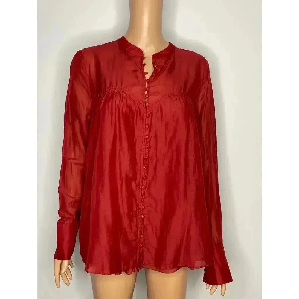 Free People Red Button Down shirt size L  cotton/silk blend - Picture 2 of 8